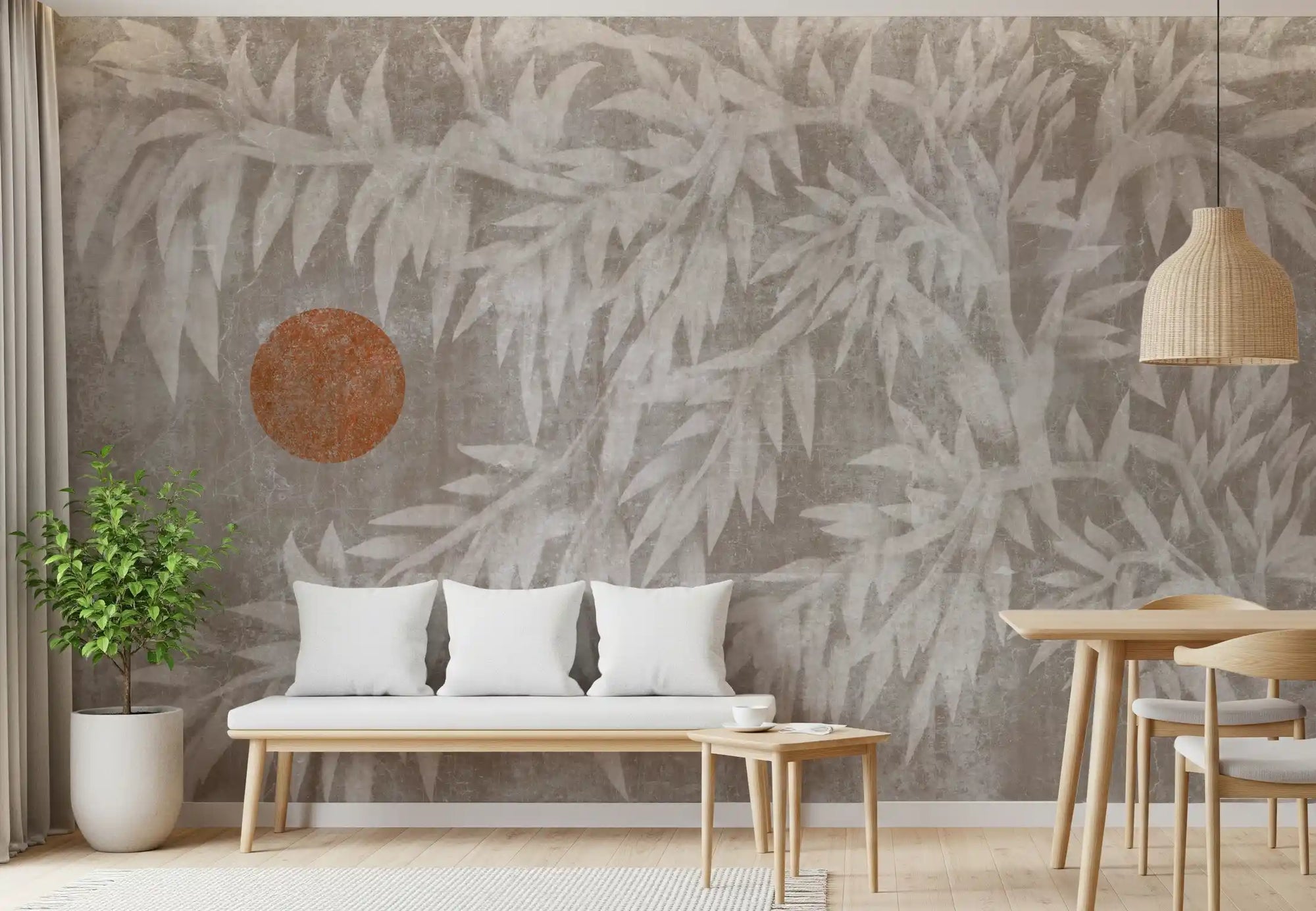 Rustic Japandi foliage wall mural easing over a calm Dining room GD10896

