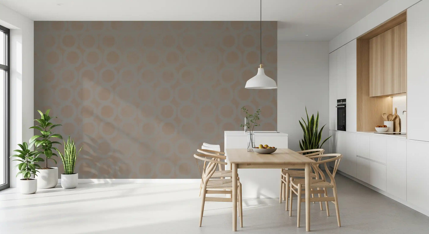 Mural de pared con papel tapiz geométrico de anillos entrelazados en color topo