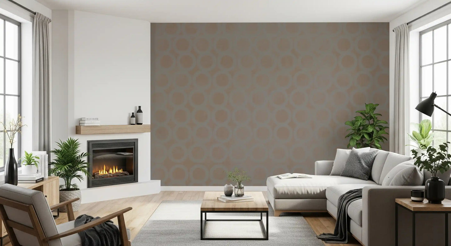 Mural de pared con papel tapiz geométrico de anillos entrelazados en color topo