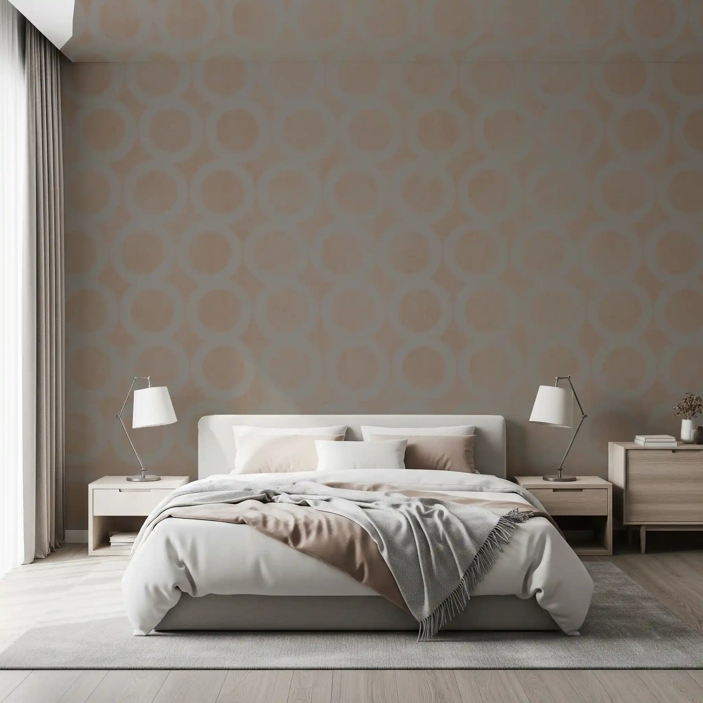 Mural de pared con papel tapiz geométrico de anillos entrelazados en color topo