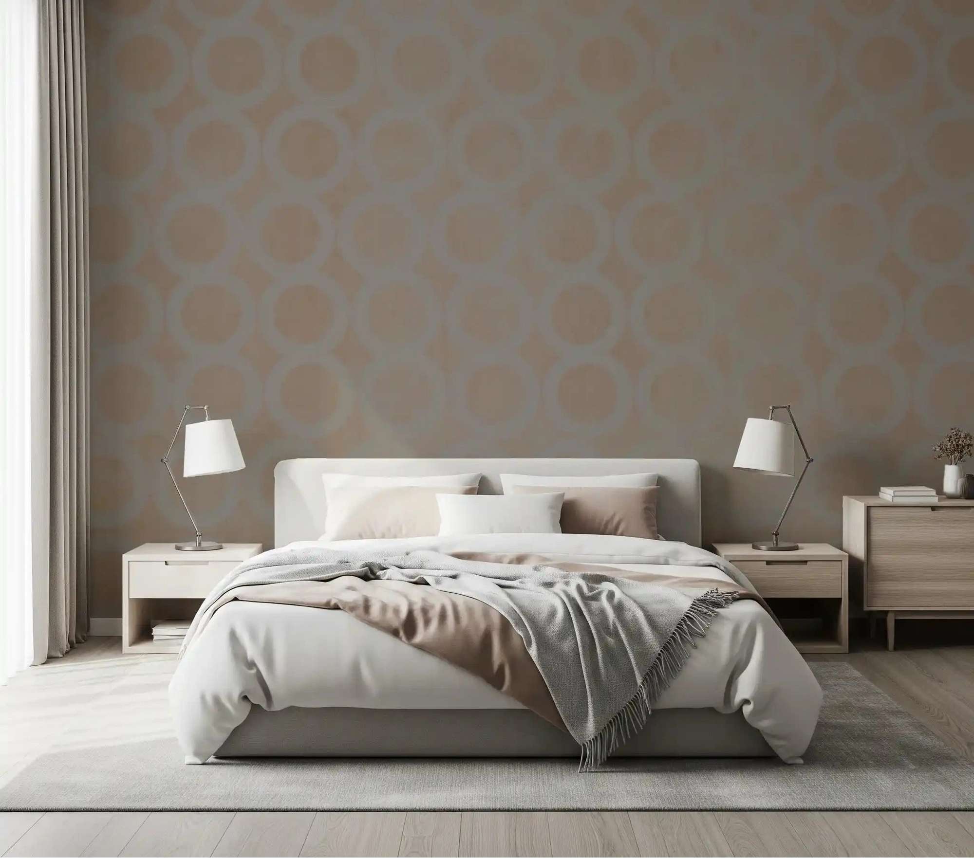 Taupe interlocking rings wall mural giving a bedroom a calm feel GD10899
