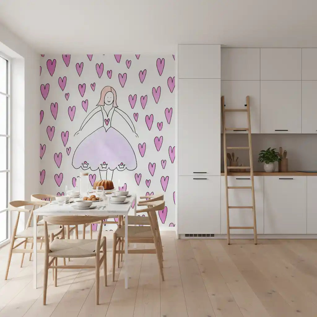 Verspielte Tapete Sweet Ballerina und Rosa Herzen als Wandbild