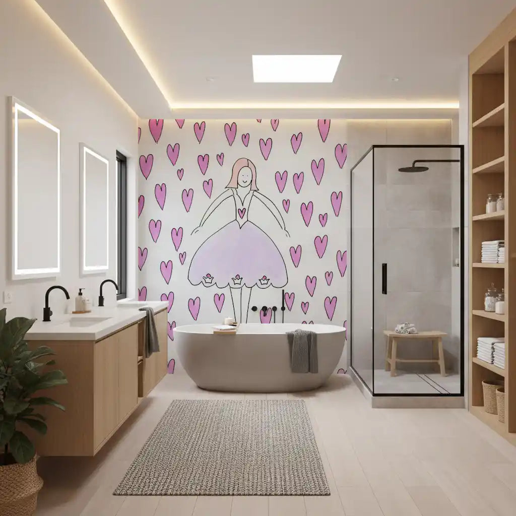 Verspielte Tapete Sweet Ballerina und Rosa Herzen als Wandbild