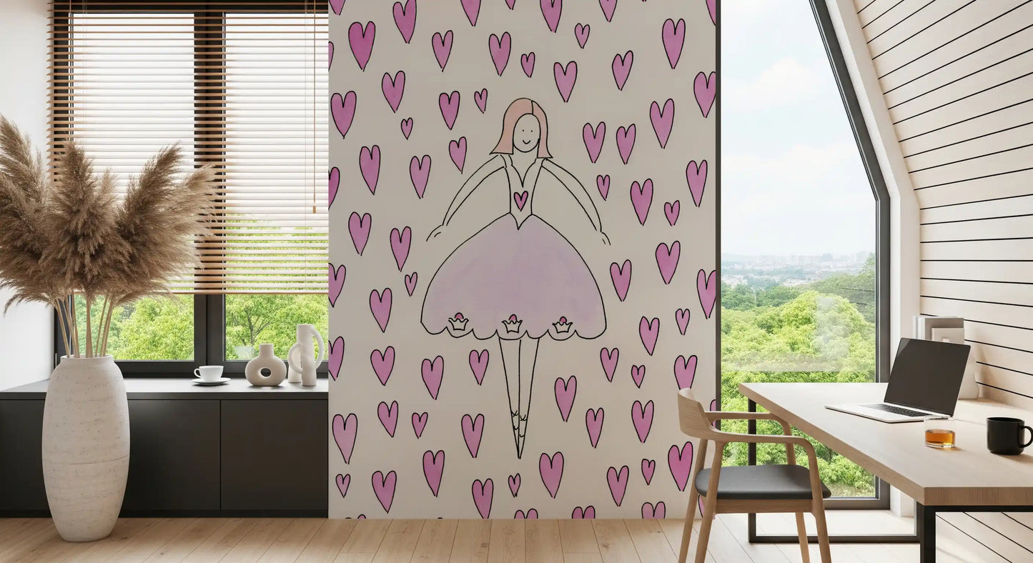 Verspielte Tapete Sweet Ballerina und Rosa Herzen als Wandbild