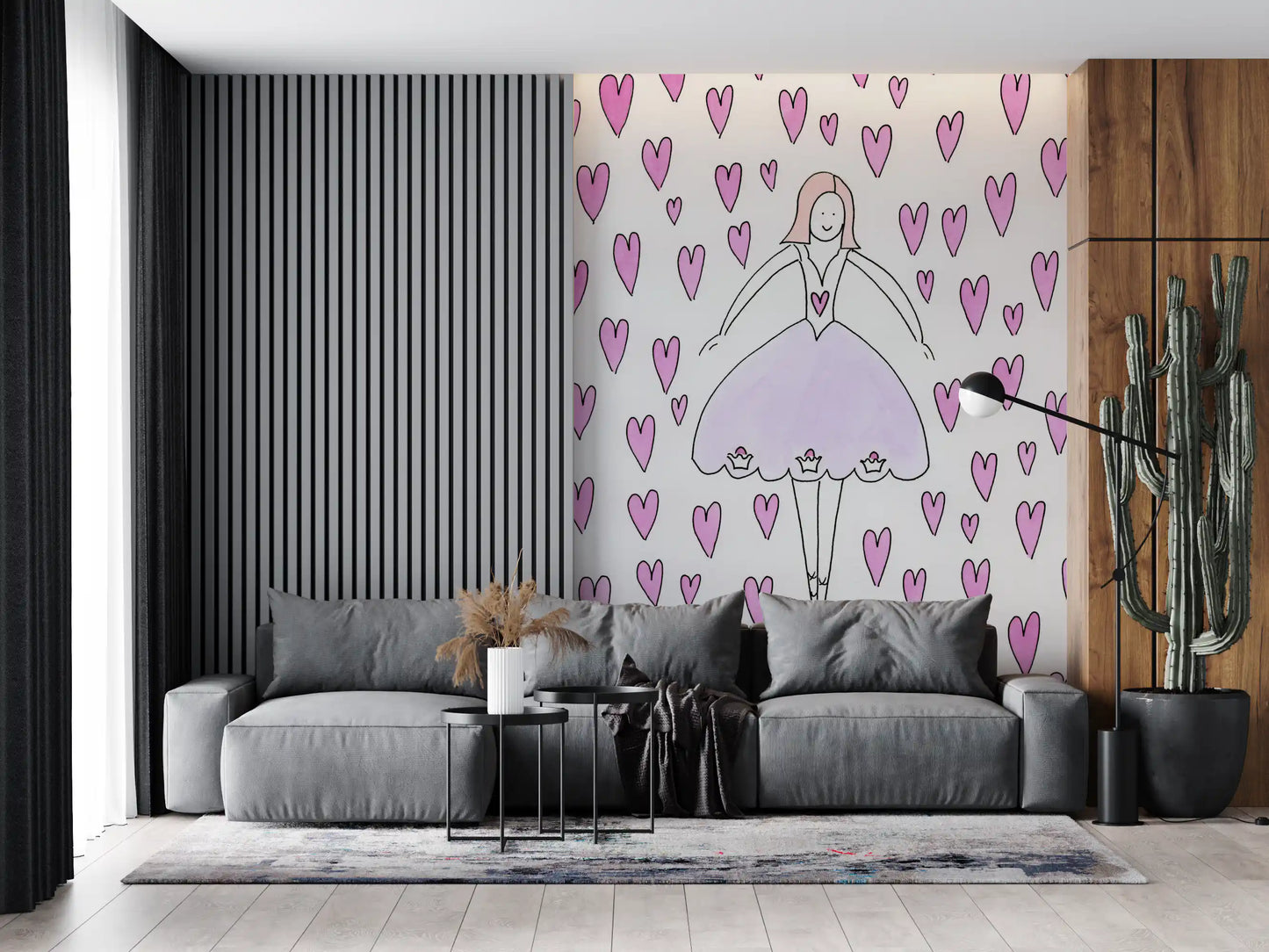 Verspielte Tapete Sweet Ballerina und Rosa Herzen als Wandbild