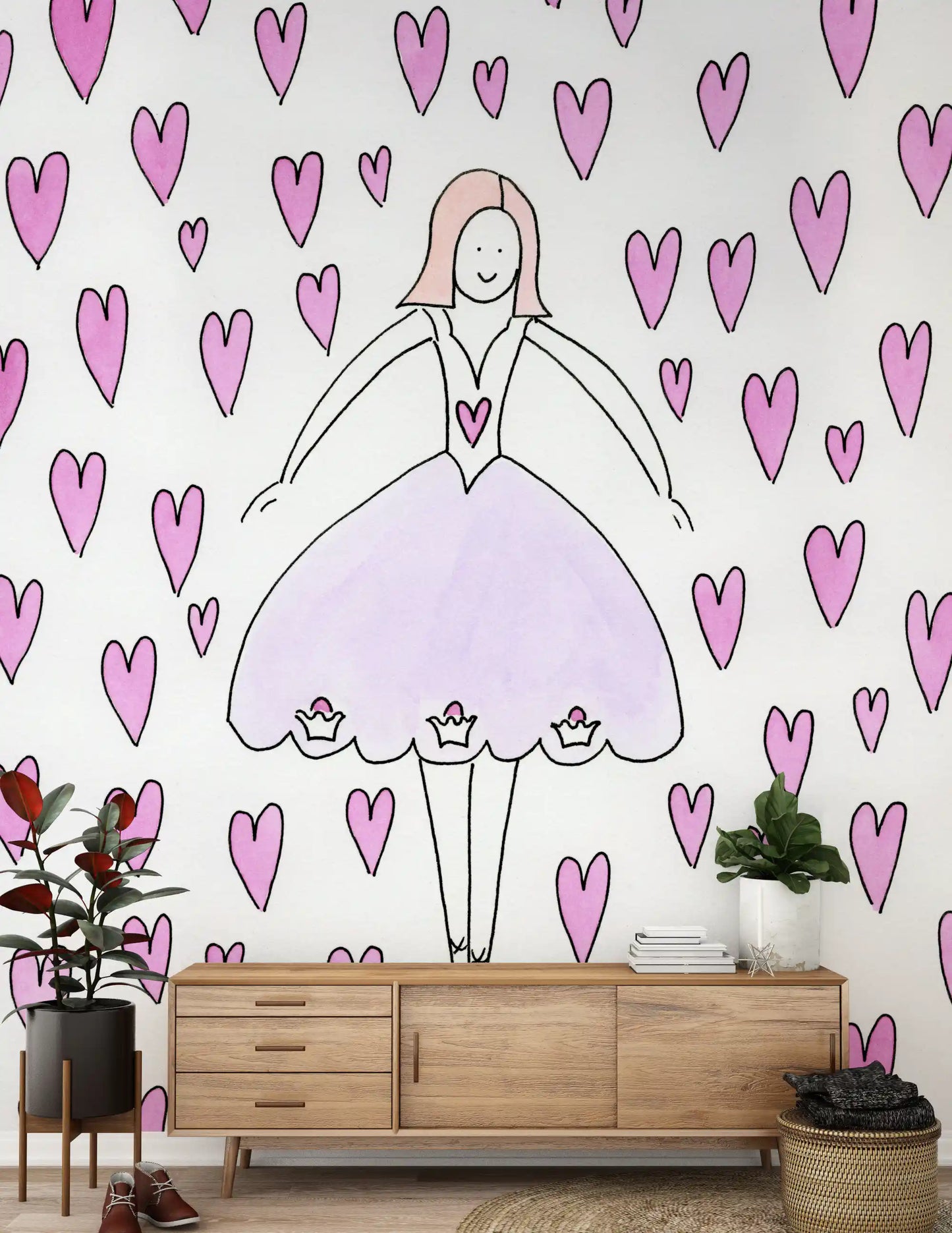 Verspielte Tapete Sweet Ballerina und Rosa Herzen als Wandbild