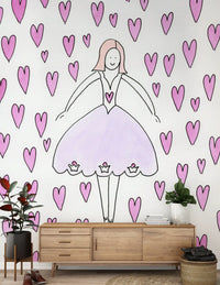 Verspielte Tapete Sweet Ballerina und Rosa Herzen als Wandbild