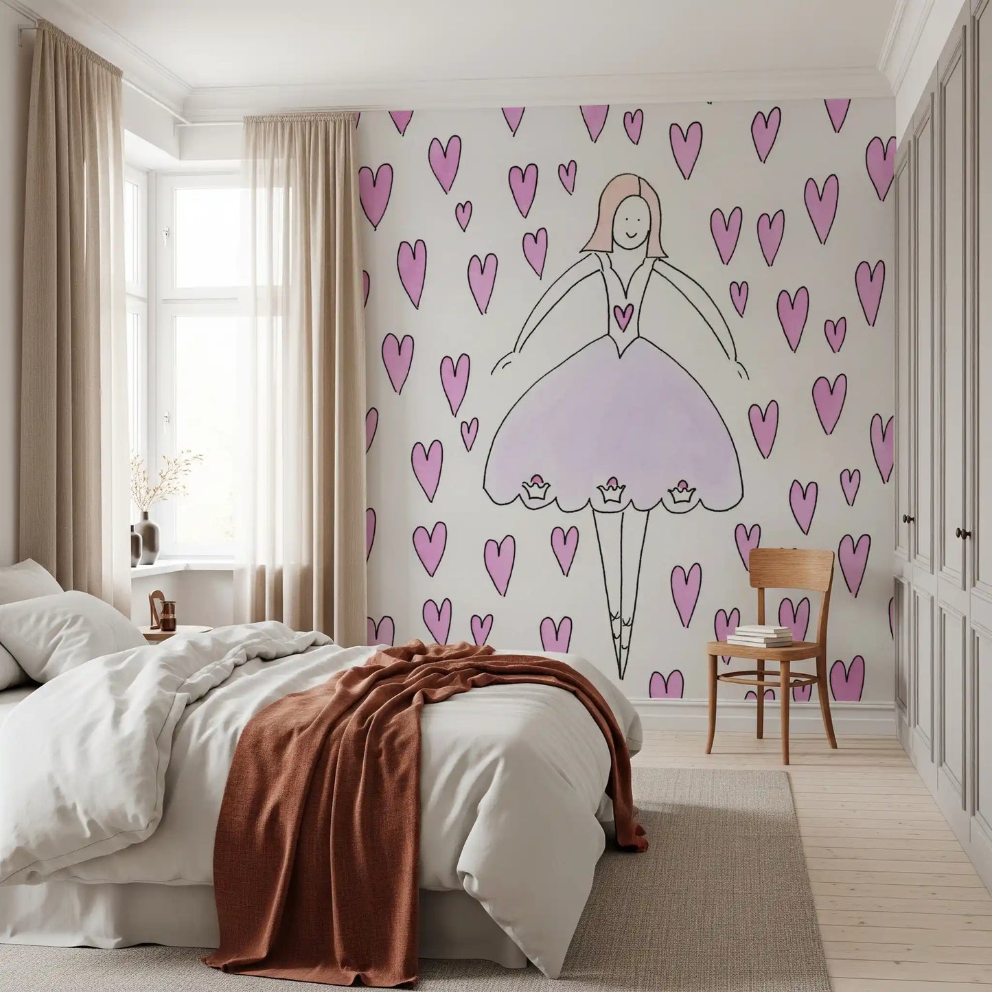 Verspielte Tapete Sweet Ballerina und Rosa Herzen als Wandbild