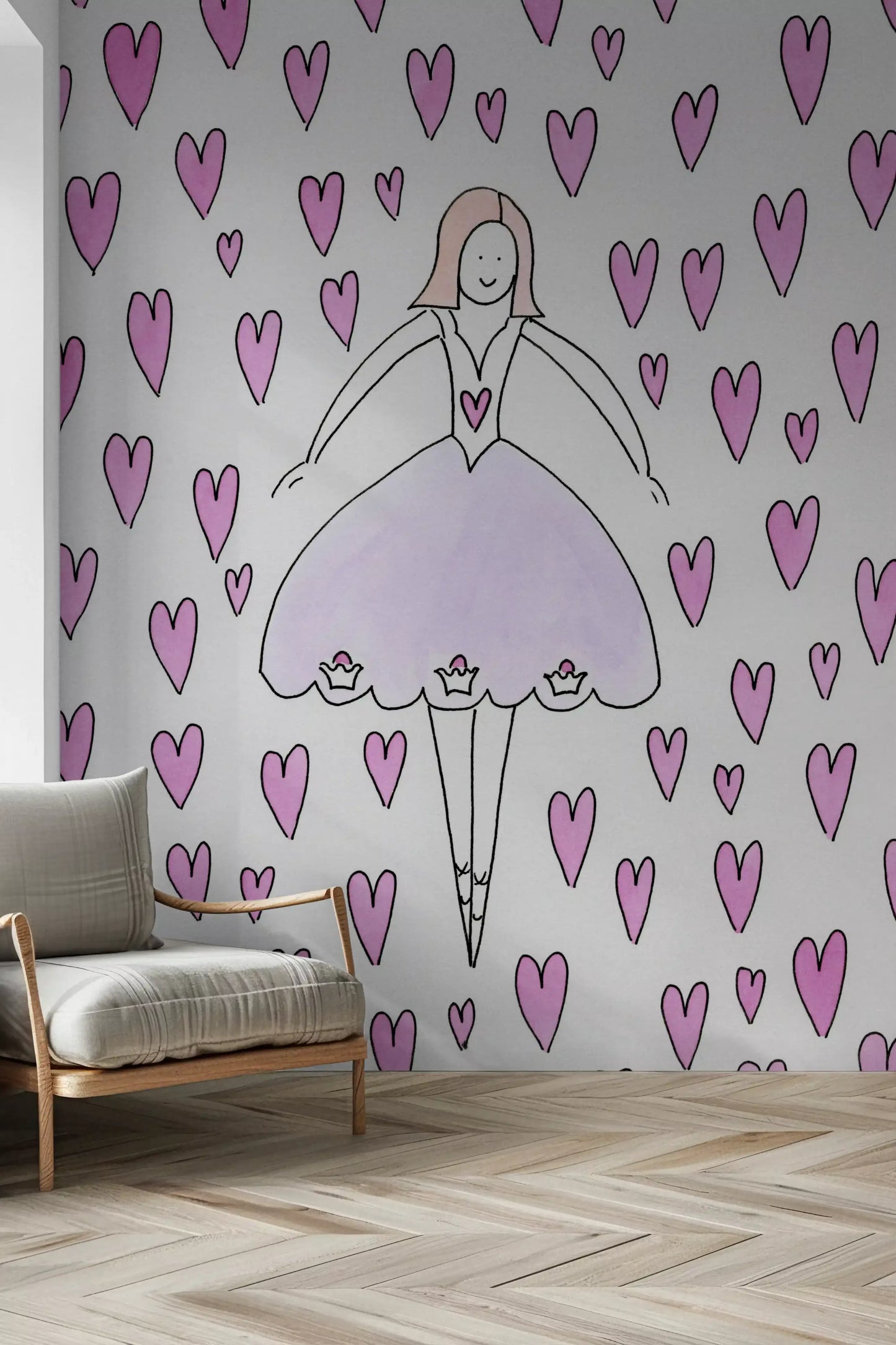 Verspielte Tapete Sweet Ballerina und Rosa Herzen als Wandbild