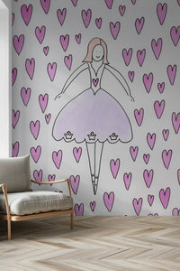 Verspielte Tapete Sweet Ballerina und Rosa Herzen als Wandbild