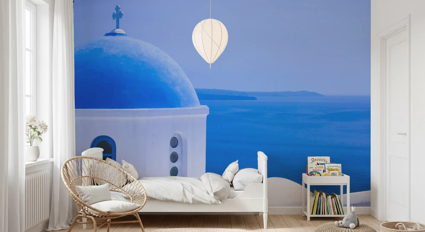 Spokój Egejski: Ścienna Fototapeta z Niebieską Kopułą Santorini