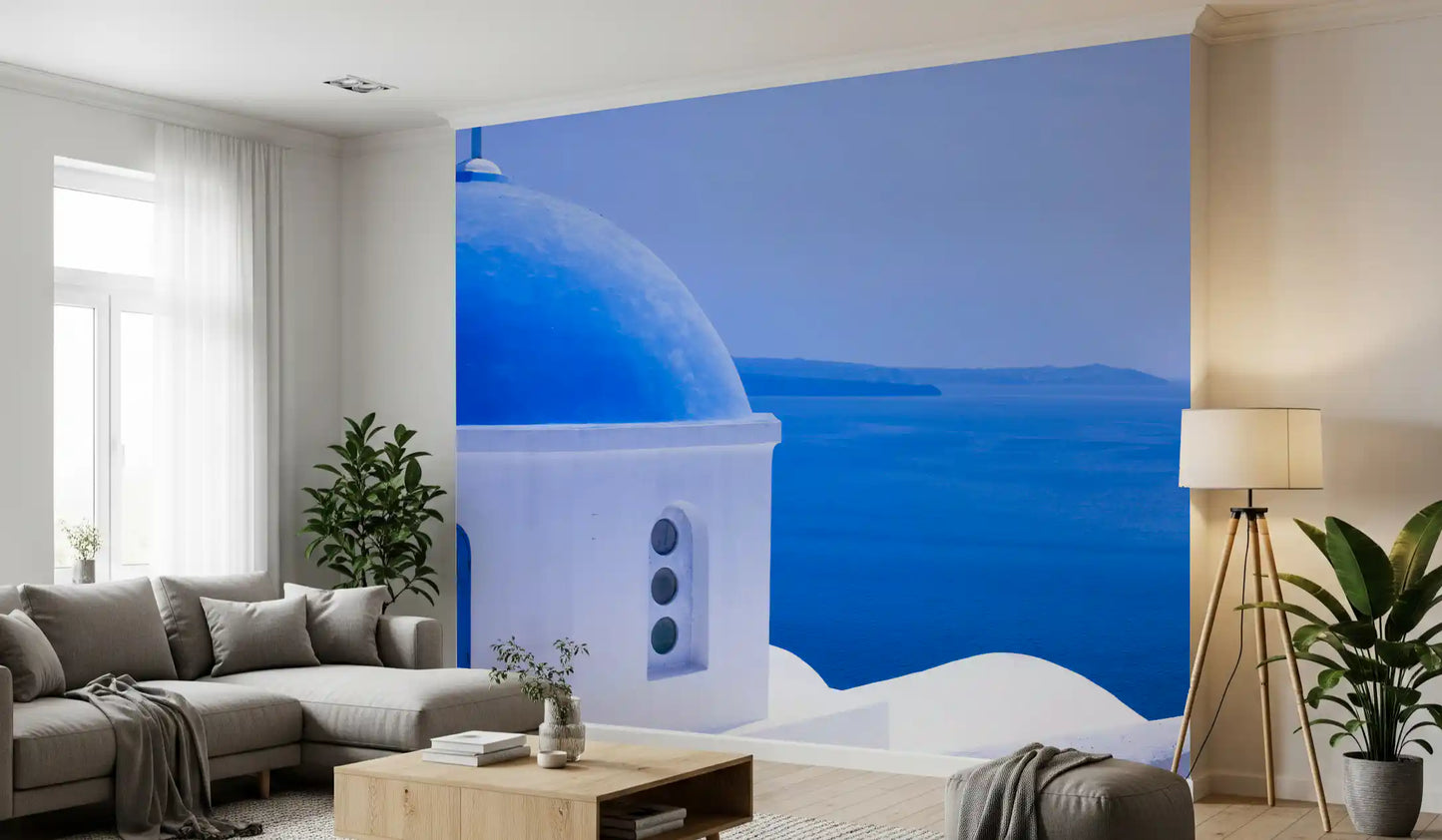 Spokój Egejski: Ścienna Fototapeta z Niebieską Kopułą Santorini