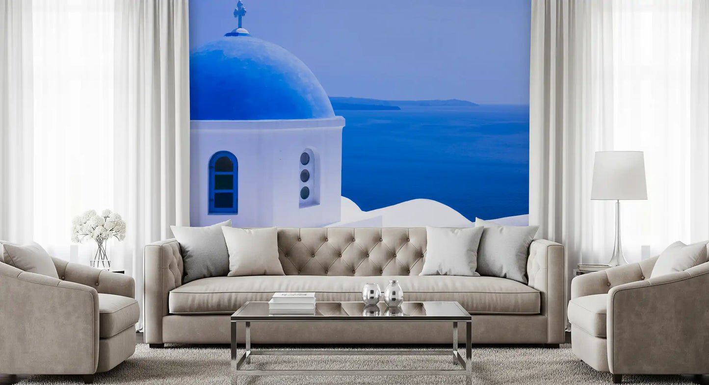 Spokój Egejski: Ścienna Fototapeta z Niebieską Kopułą Santorini