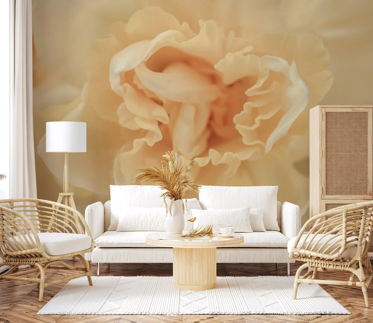 Peach ruffled blooms fill a calm living room as a full wall mural, GD10906

