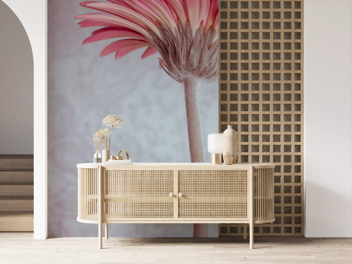 Elegante Tapete mit pinker Gerbera-Blüte als Wandbild