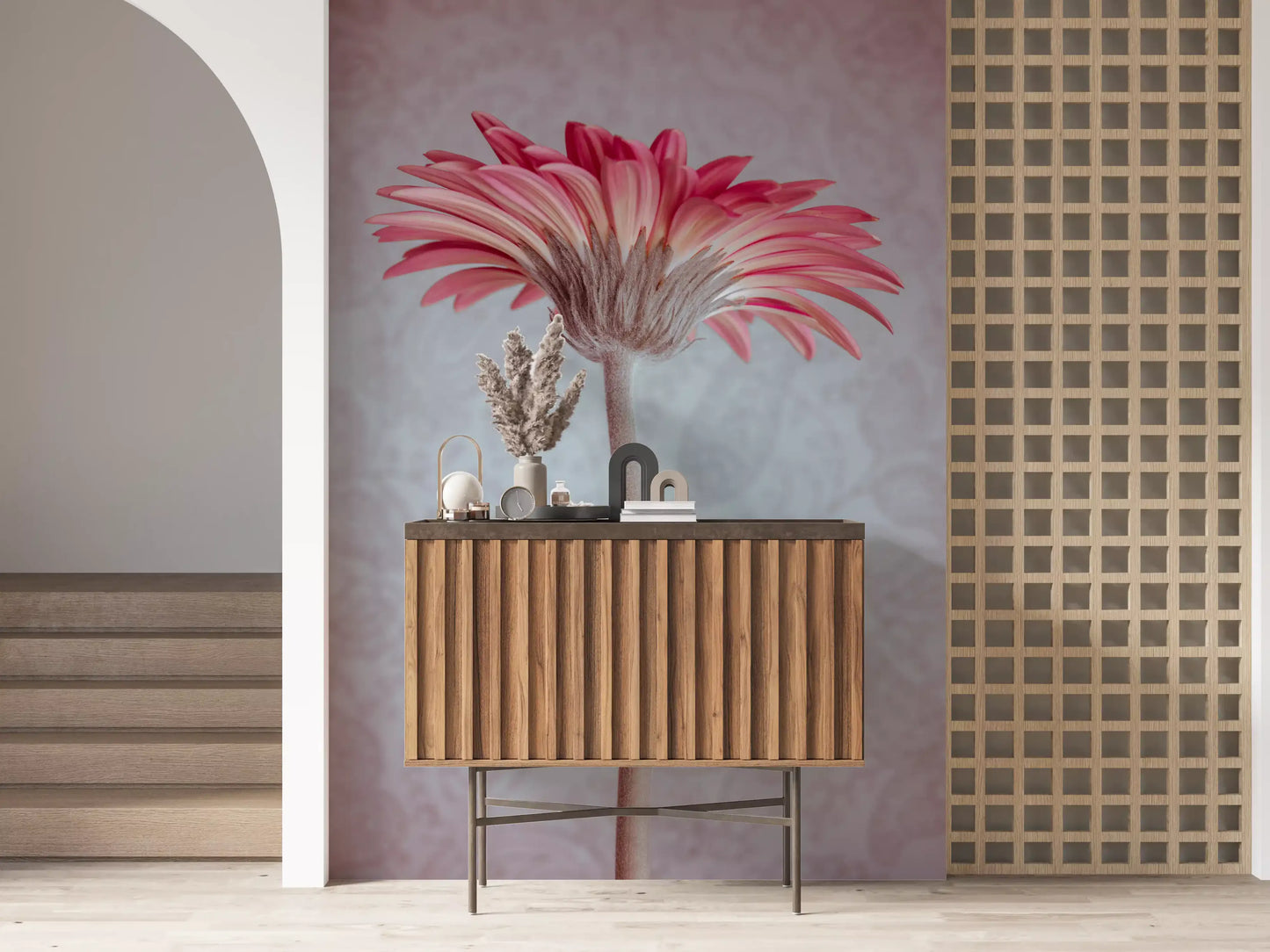 Elegante Tapete mit pinker Gerbera-Blüte als Wandbild