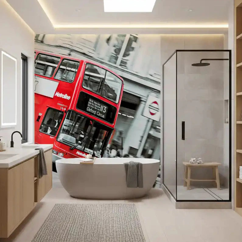Red double decker wall mural lifting a modern living room setting GD10909

