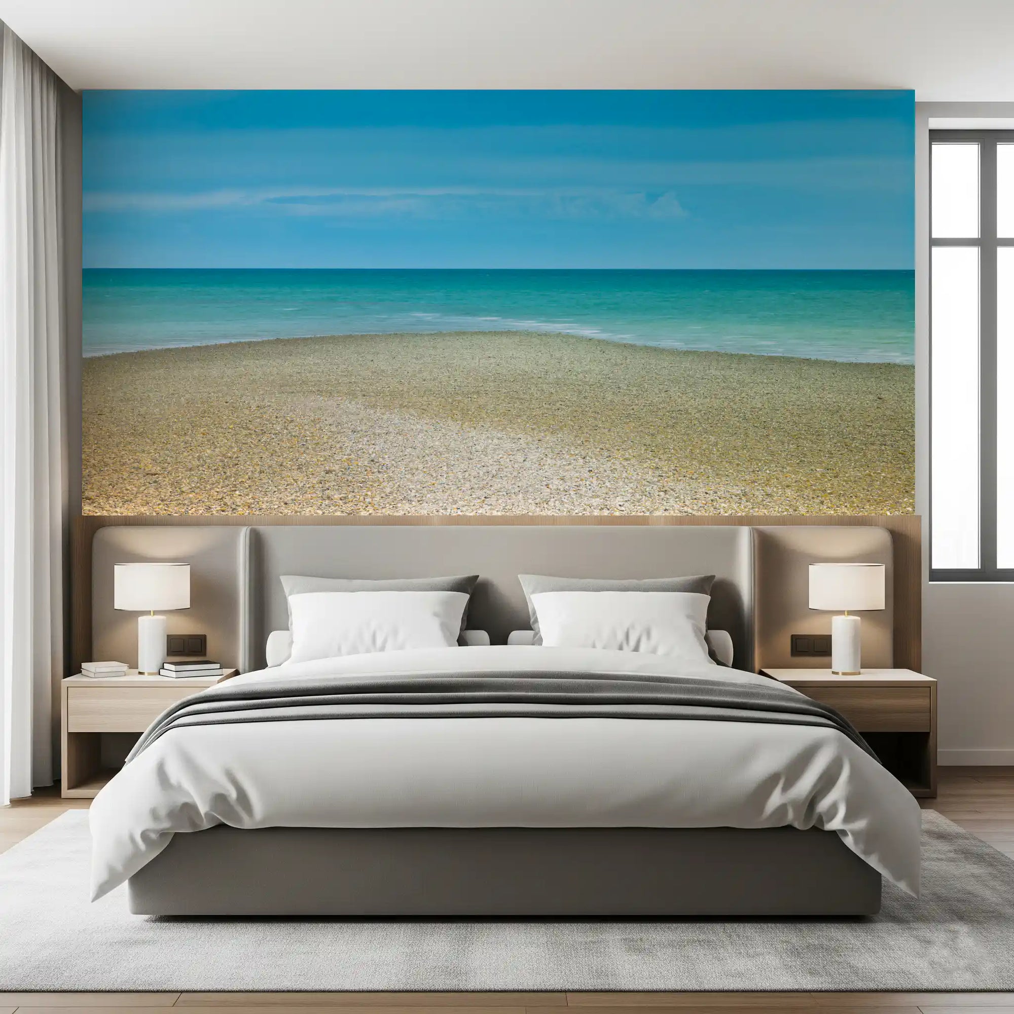 Turquoise sea and pebble shore calm a restful bedroom wall mural GD10910
