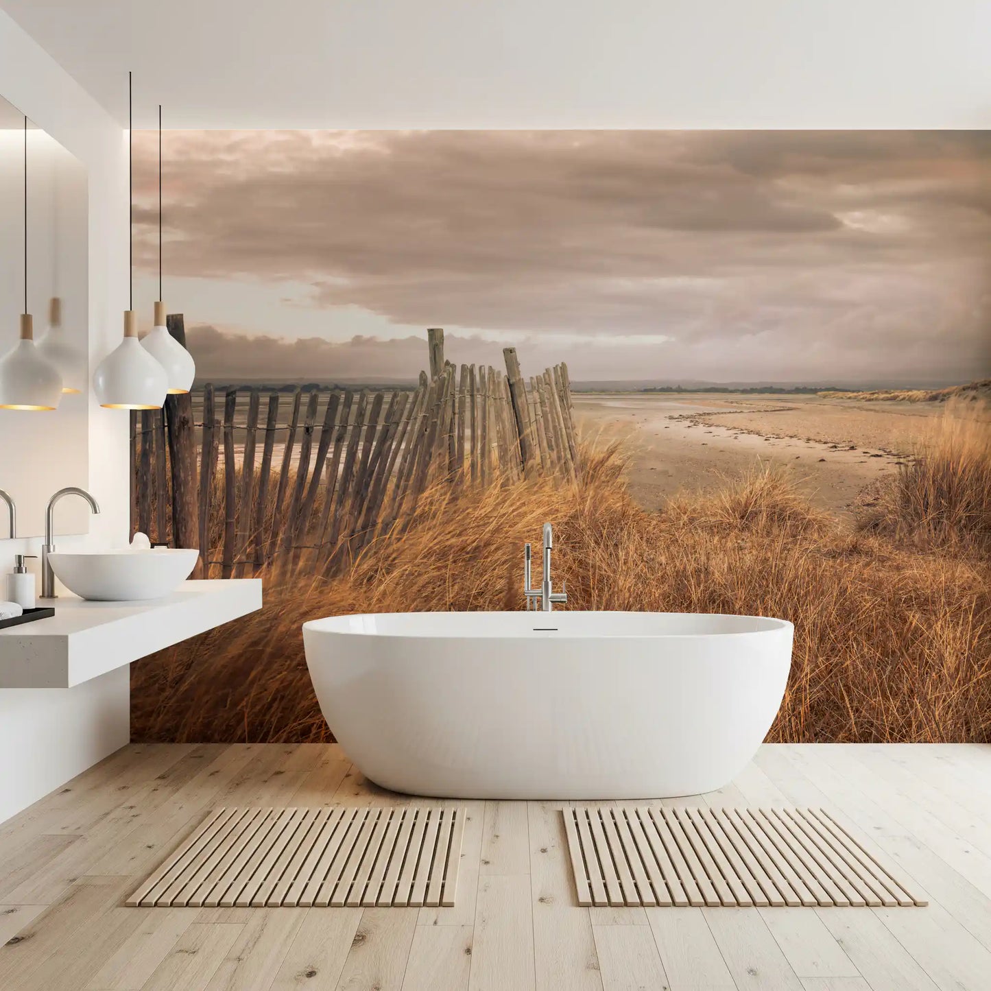 Wandbild Goldene Dünen und rustikaler Küstenzaun
