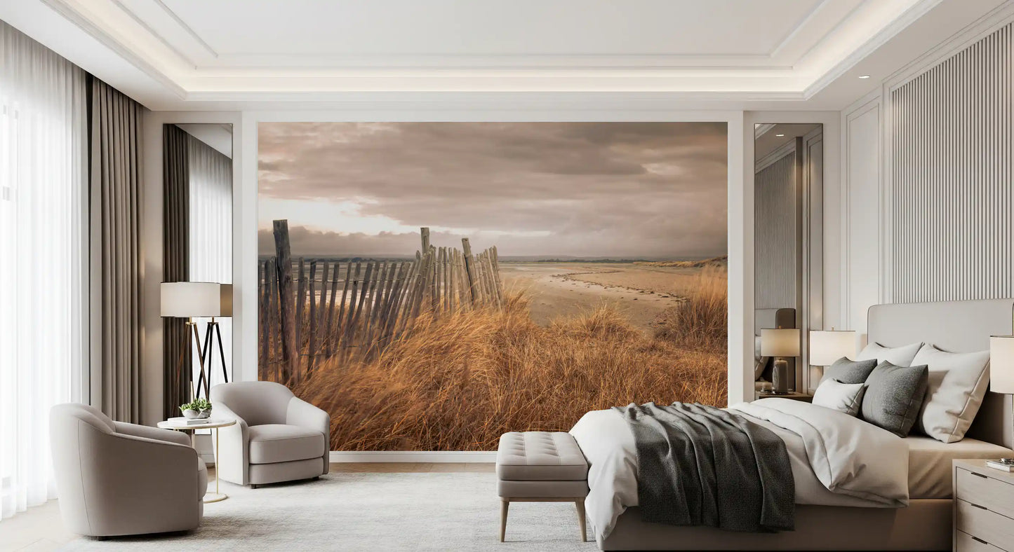 Wandbild Goldene Dünen und rustikaler Küstenzaun