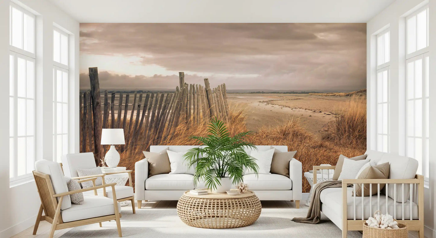 Wandbild Goldene Dünen und rustikaler Küstenzaun