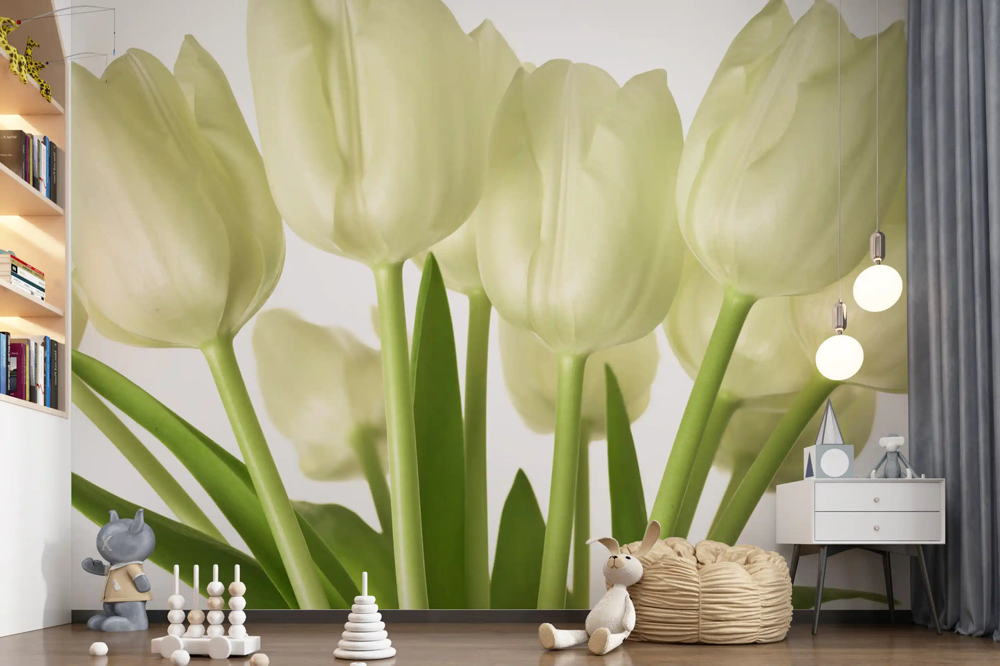 Lysende hvide tulipaner blomster vægmaleri vægmaleri