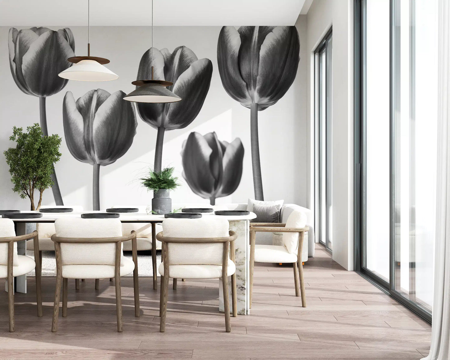 Elegant Monokrome Tulipaner Tapet Vægmural