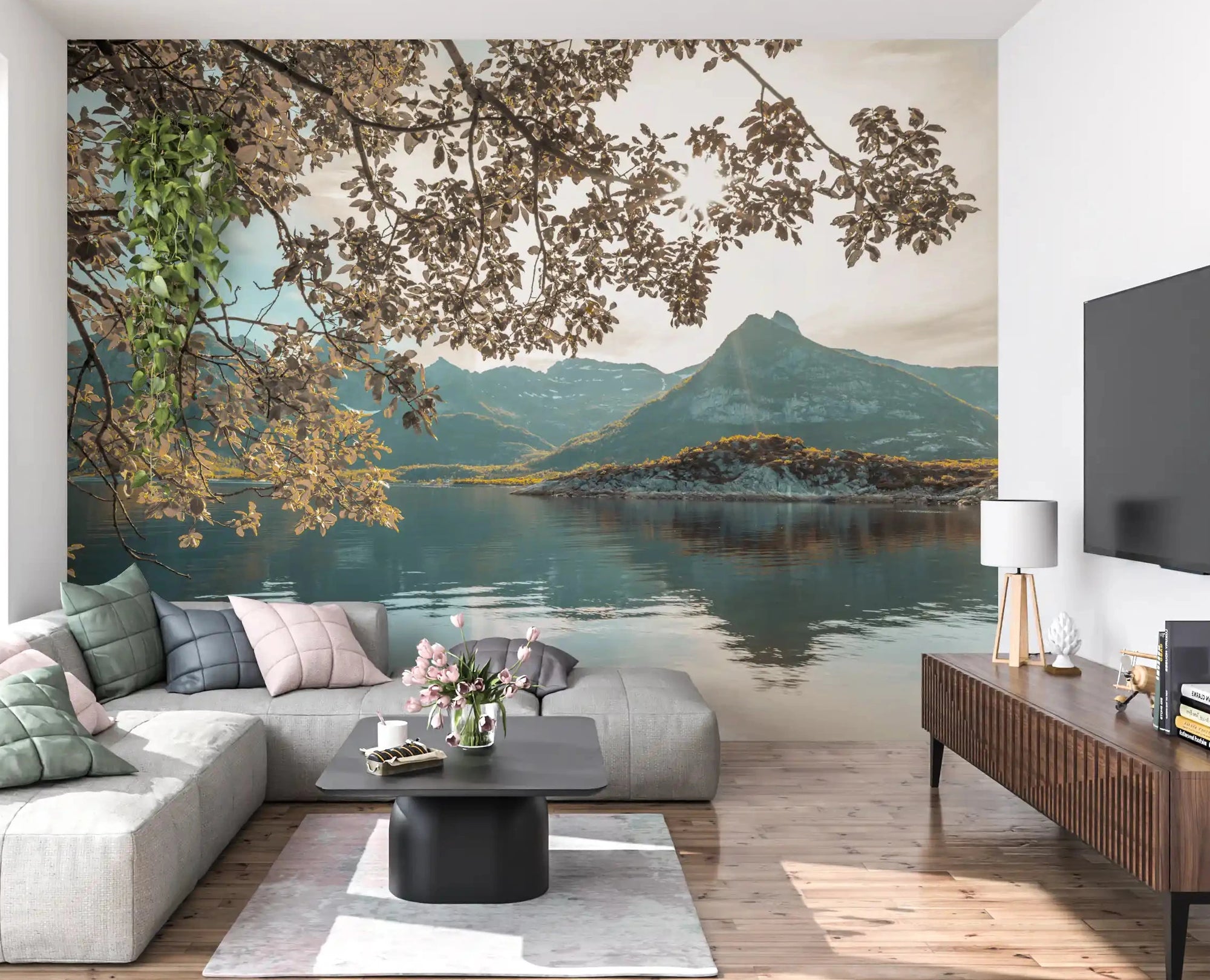 Sunlit lake and mountain view opens a living room wall mural GD10915
