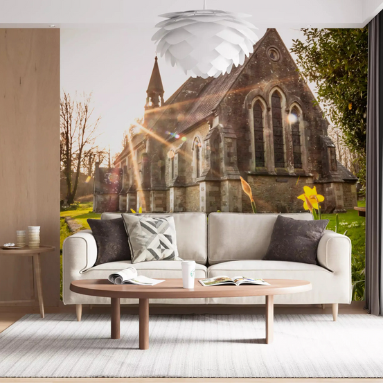 Sunlit Country Church with Spring Daffodils wall mural warming a living room, GD10923