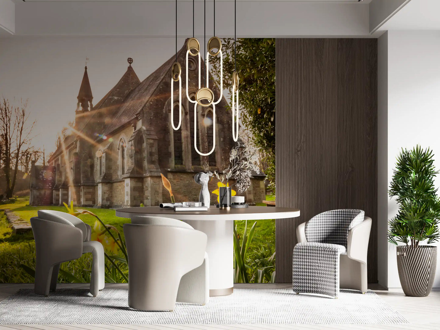 Sunlit Country Church with Spring Daffodils Wall Mural