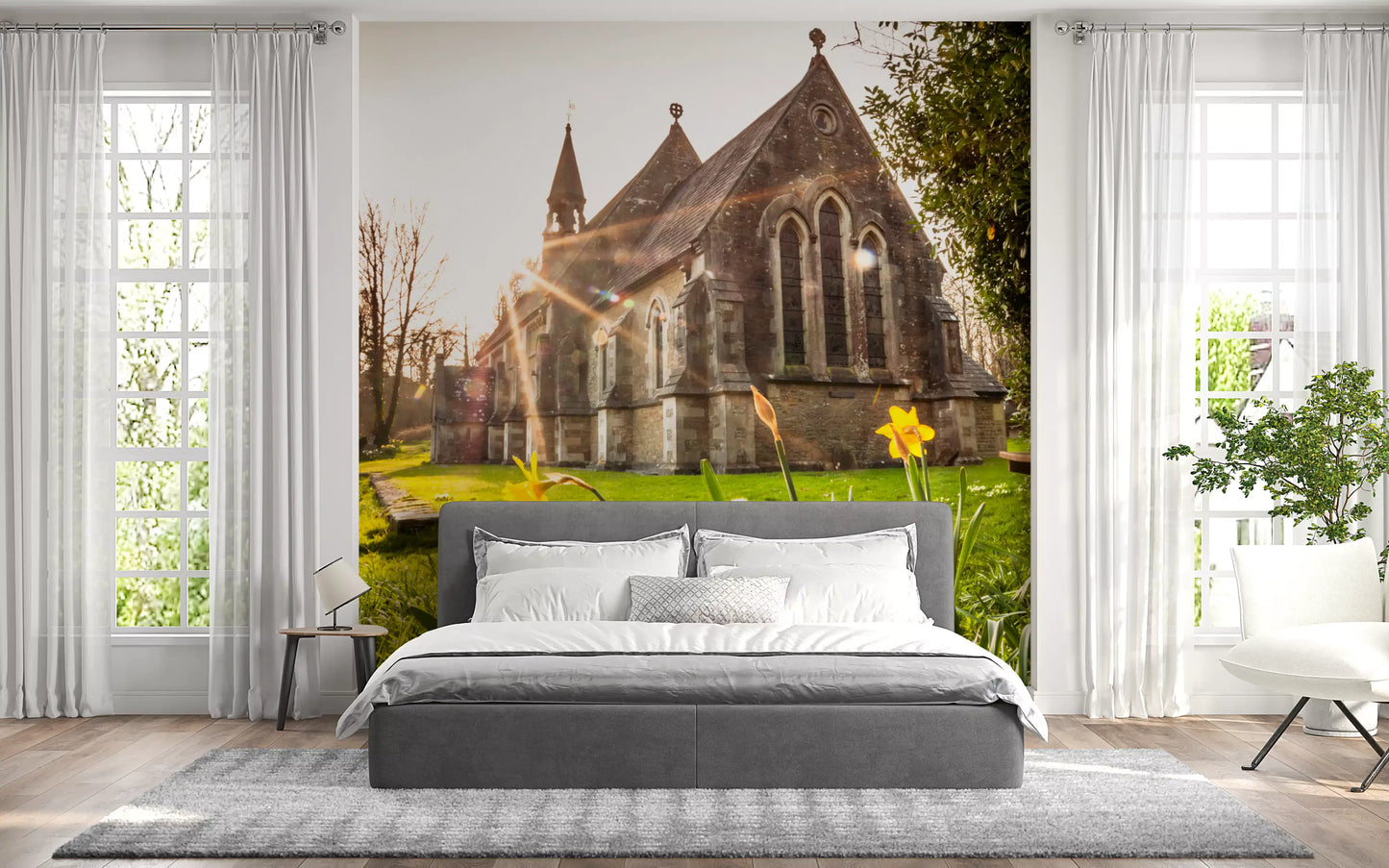 Sunlit Country Church with Spring Daffodils Wall Mural