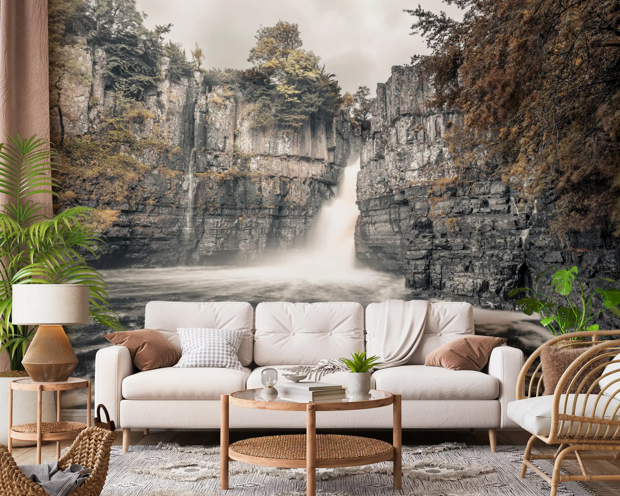 Misty falls wall mural giving a modern living room a natural focus GD10924
