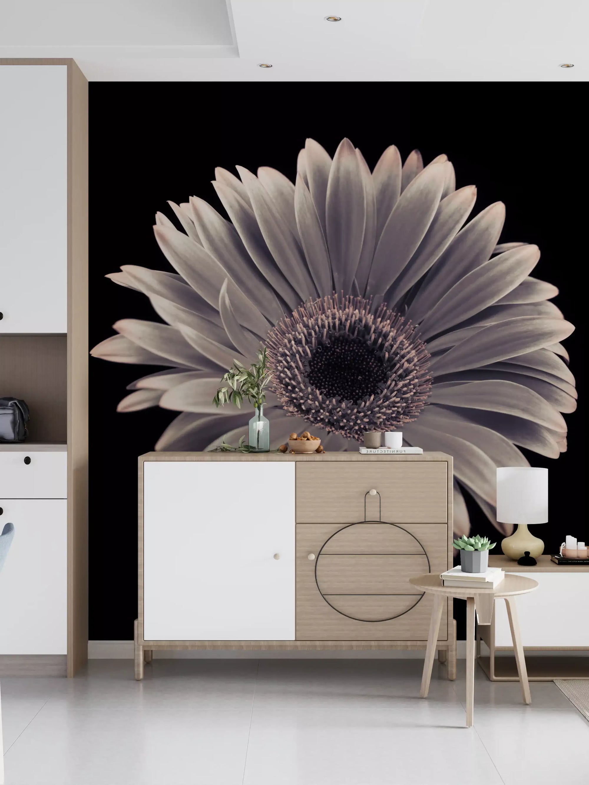 Midnight gerbera bloom warms a modern kitchen corner area wall mural GD10925
