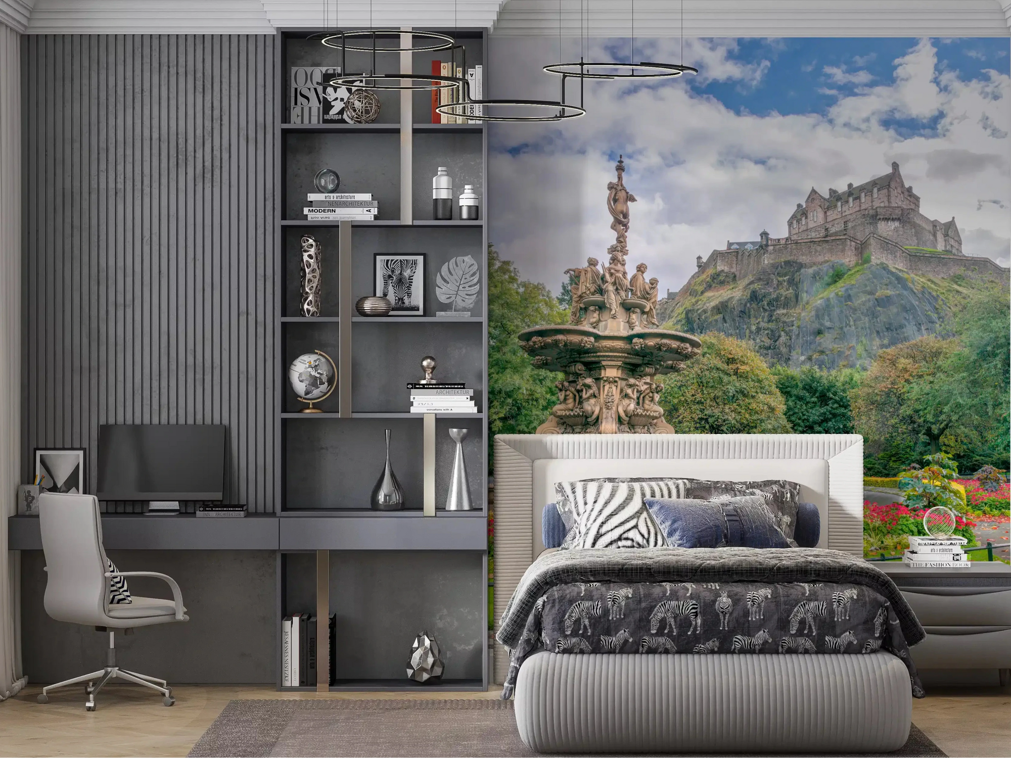 Edinburgh Castle and gardens fill a calm bedroom, scenic wall mural GD10926