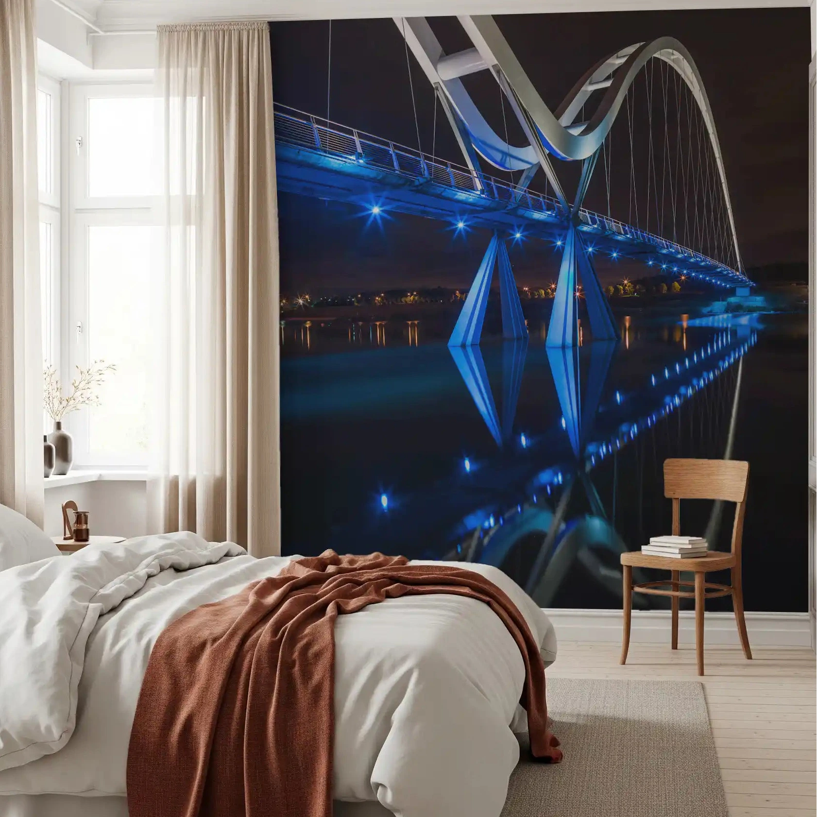 Blue bridge glow calming a bedroom, Stockton Infinity wall mural GD10927
