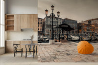 Serene Venice Canal with Orange Umbrella Wall Mural