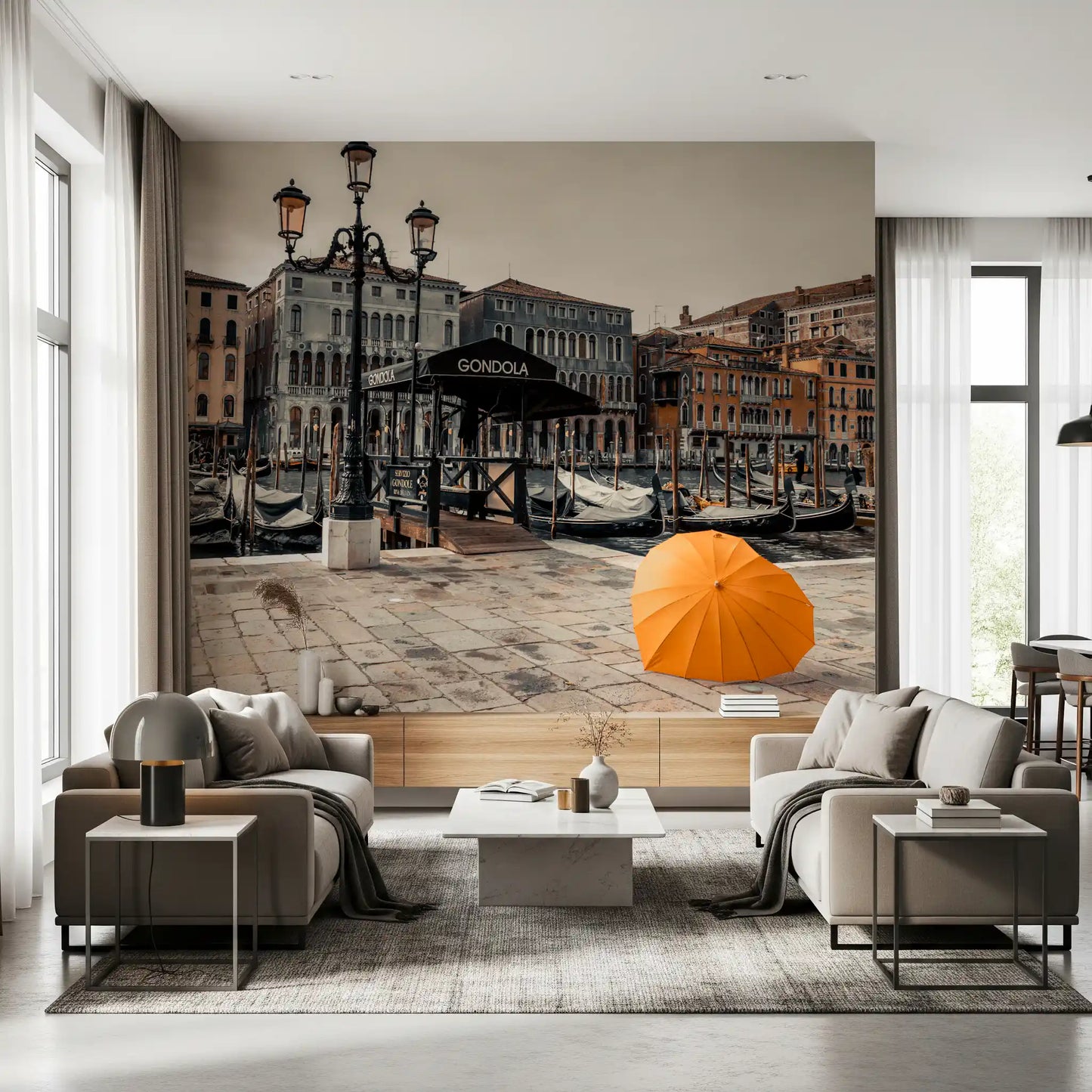 Serene Venice Canal with Orange Umbrella Wall Mural