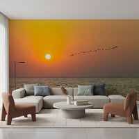 Golden Sea Horizon and Migrating Birds Wall Mural