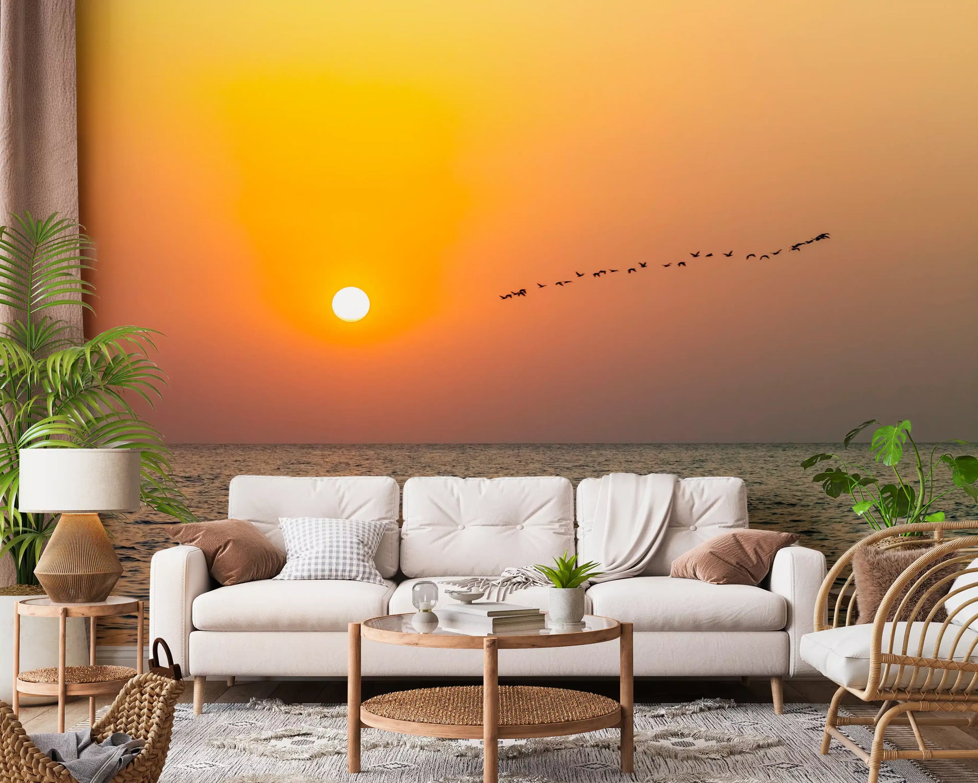 Golden sea sunset warms a calm living room, seascape wall mural GD10936
