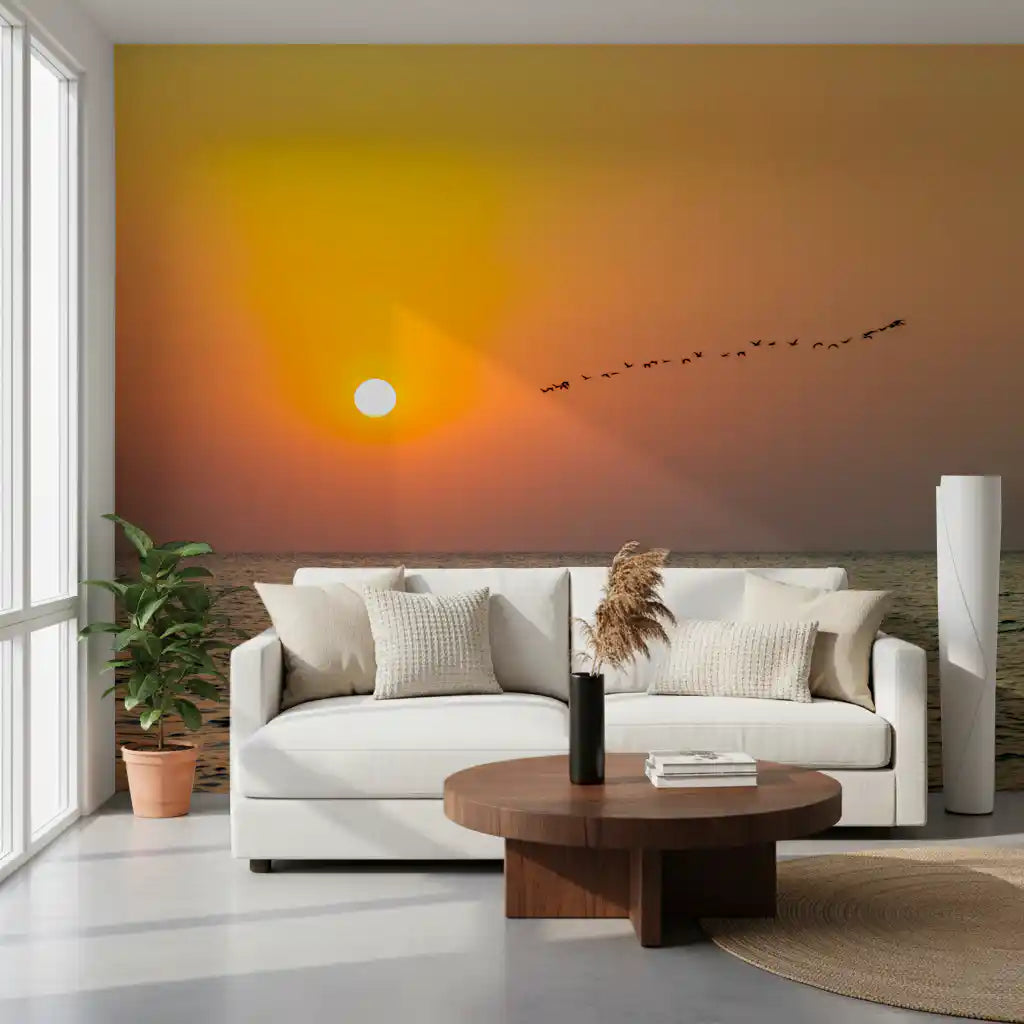 Golden Sea Horizon and Migrating Birds Wall Mural