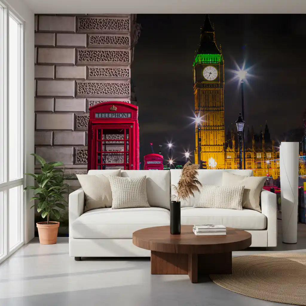 Gold Big Ben glow warming a living room, Midnight in London wall mural GD10937
