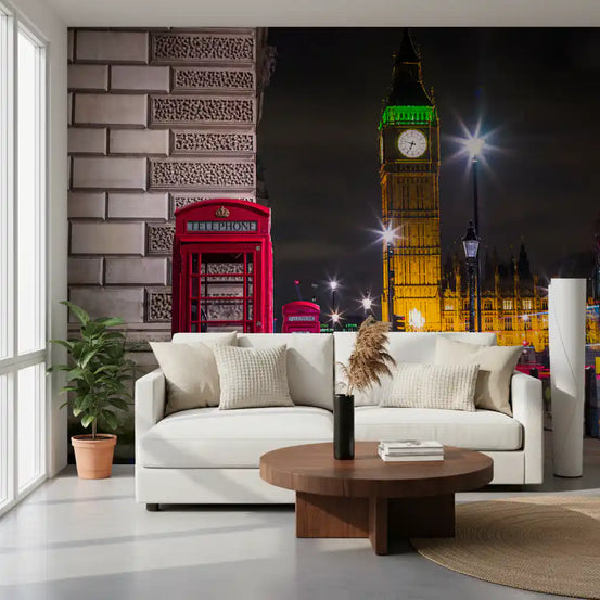 Gold Big Ben glow warming a living room, Midnight in London wall mural GD10937
