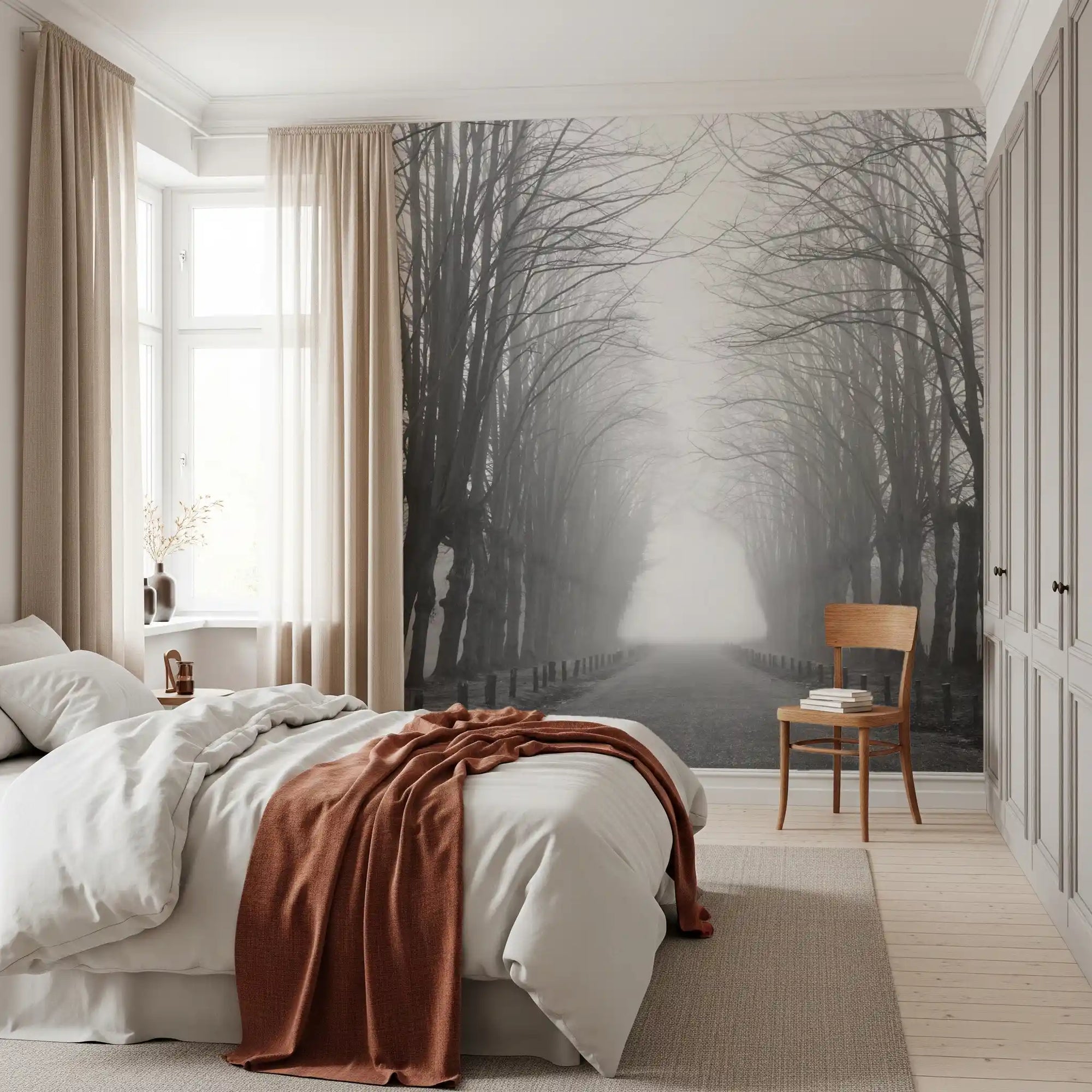 Winter Path of Whispering Trees wall mural adds calm depth to a bedroom GD10941
