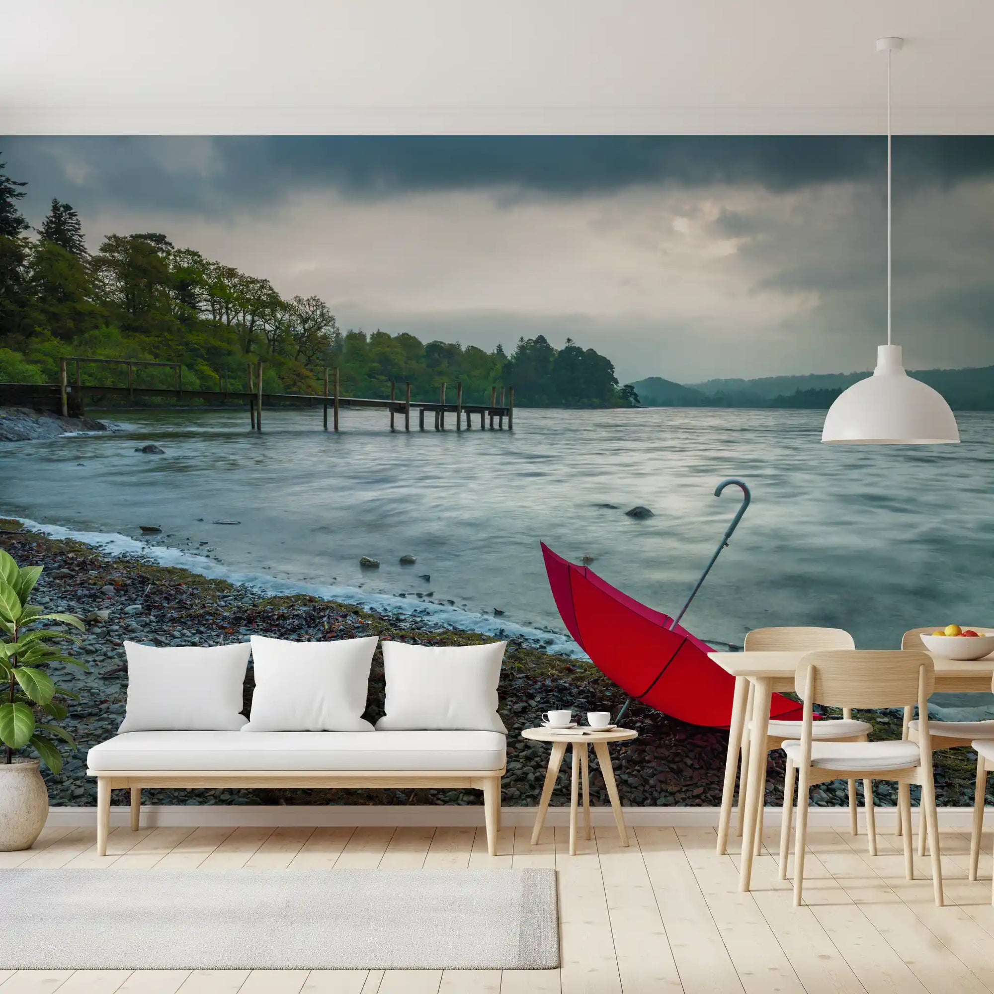 Dining room backdrop showing the crimson Lake District shore wall mural, GD10941
