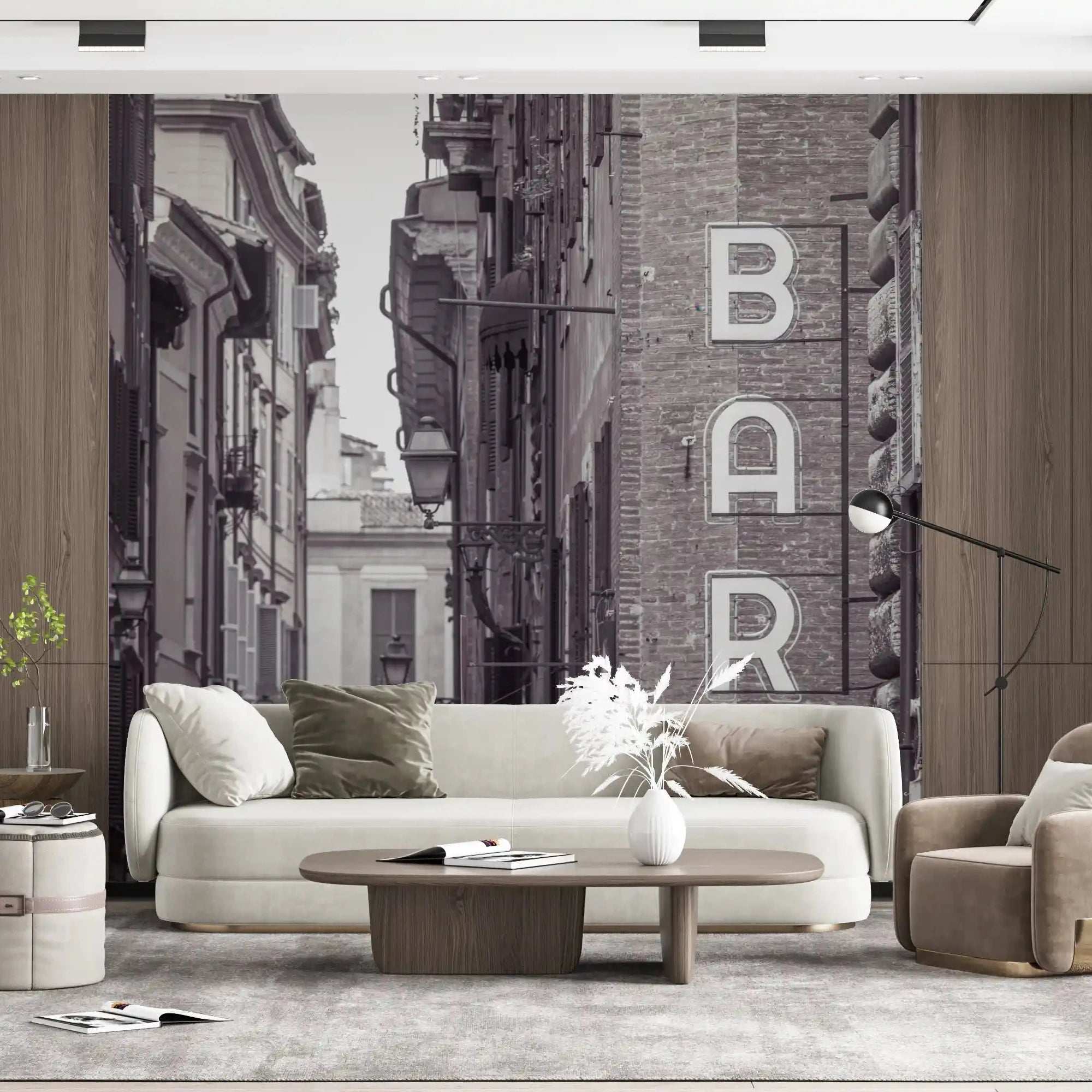 Vintage Neon Sign on Rome Shuttered Street wall mural warms a living room GD10951
