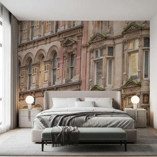 Carved heritage facades wrapping a calm bedroom wall mural, GD10957

