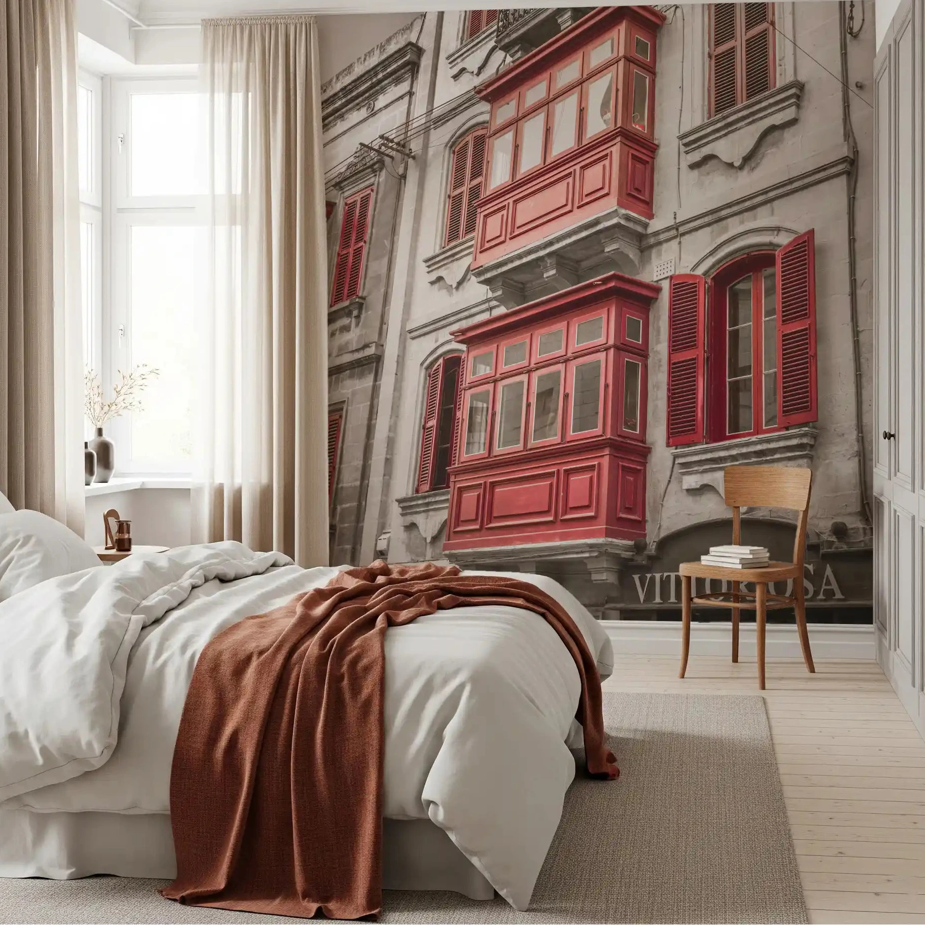 Red shutters glow above a calm bedroom, Maltese Balconies Vittoriosa wall mural GD10959
