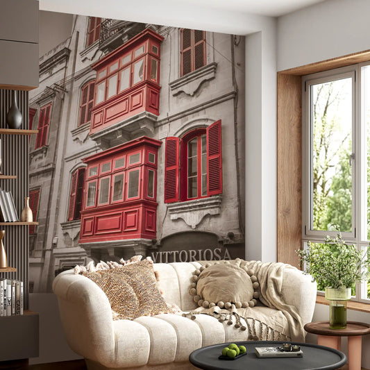 Grey stone facade meets a living room, Crimson Vittoriosa Balconies wall mural GD10959
