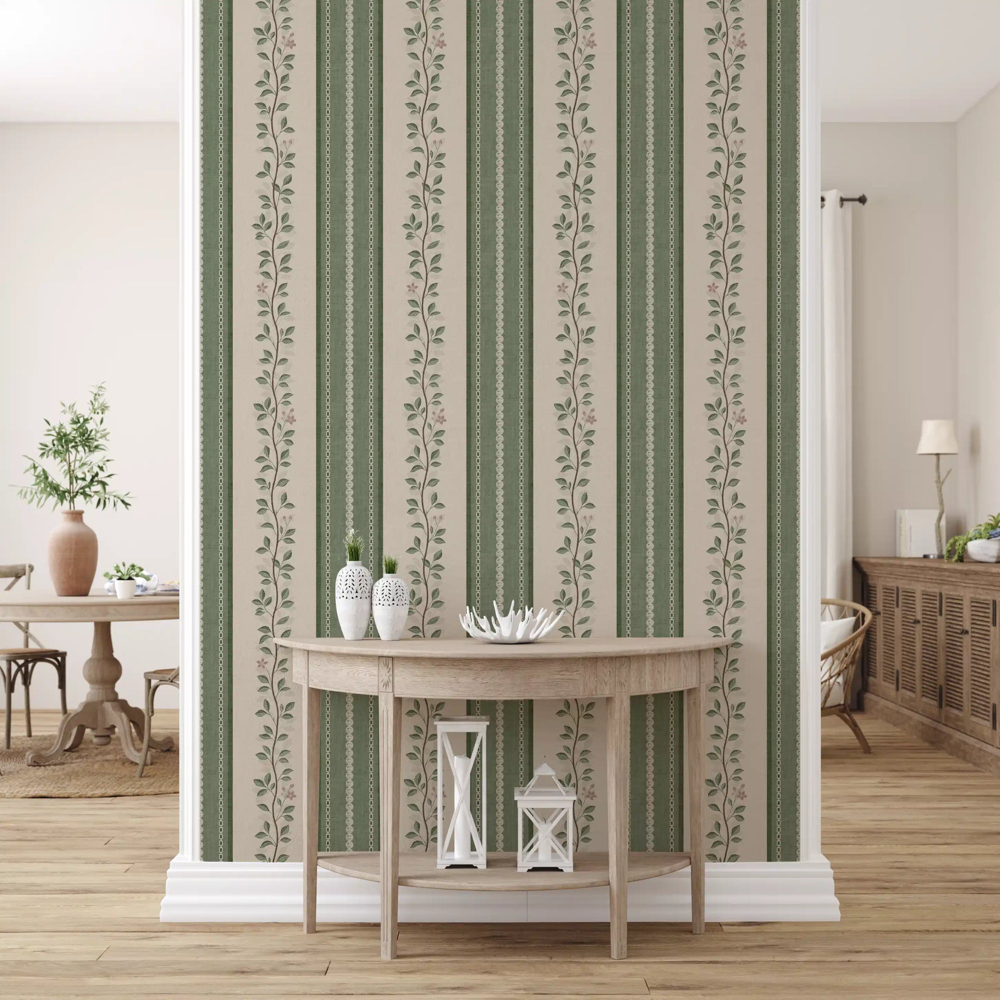 Sage vine stripe wallpaper set in a living room GD10963
