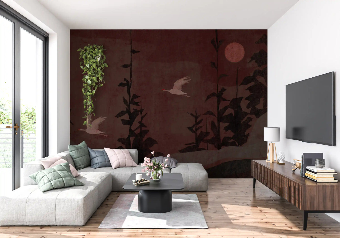 Chinoiserie Nightfall med svævende traner vægmaleri